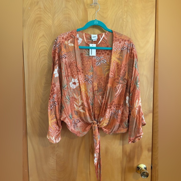 Sonoma Orange Pink 3/4 Sleeve Crop Tie Front Shaw - Picture 2 of 9